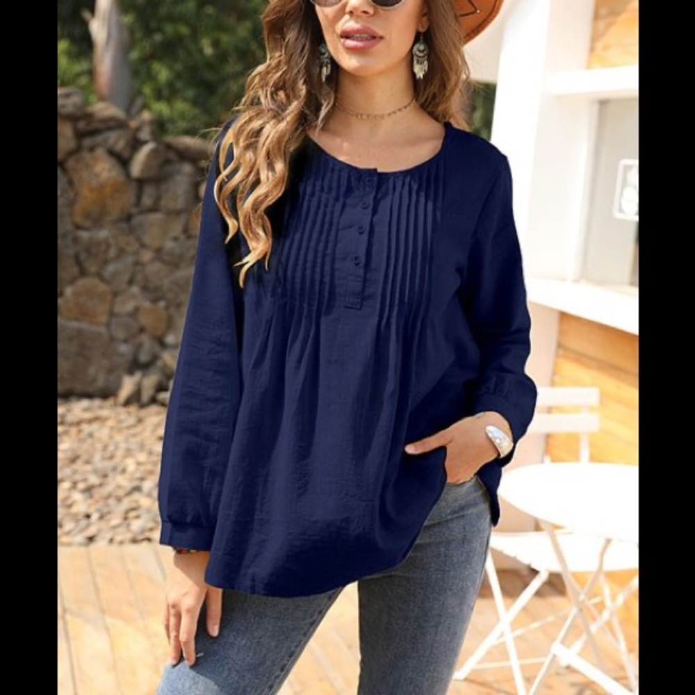 Navy Pleat-Front Long-Sleeve Tunic -CELLABIE NWT